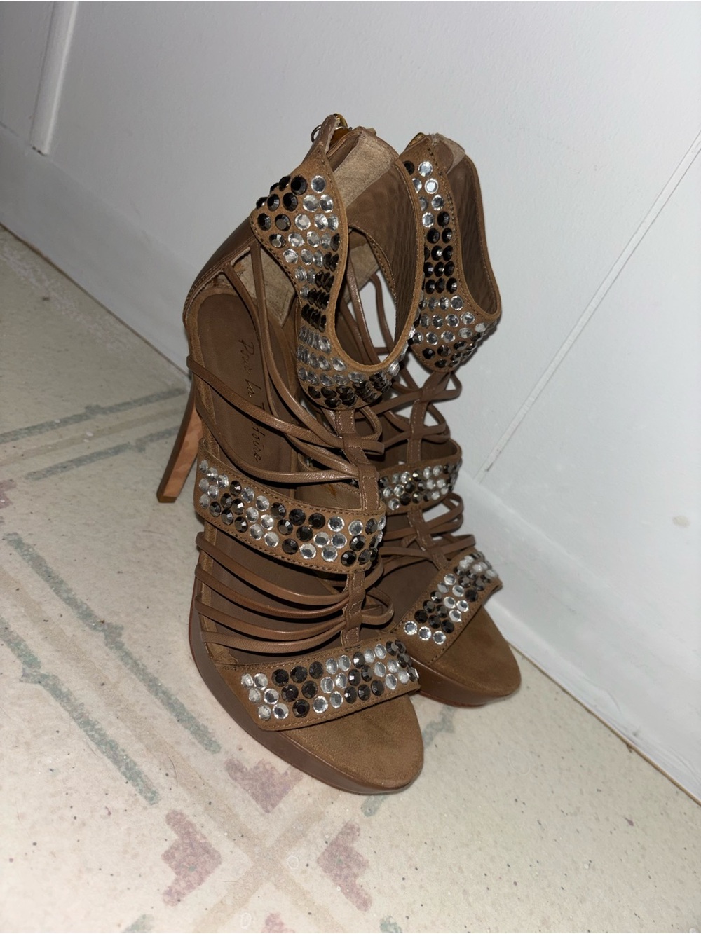 Pour La Victoire Brown Crystal-Strap High Heel Sandals